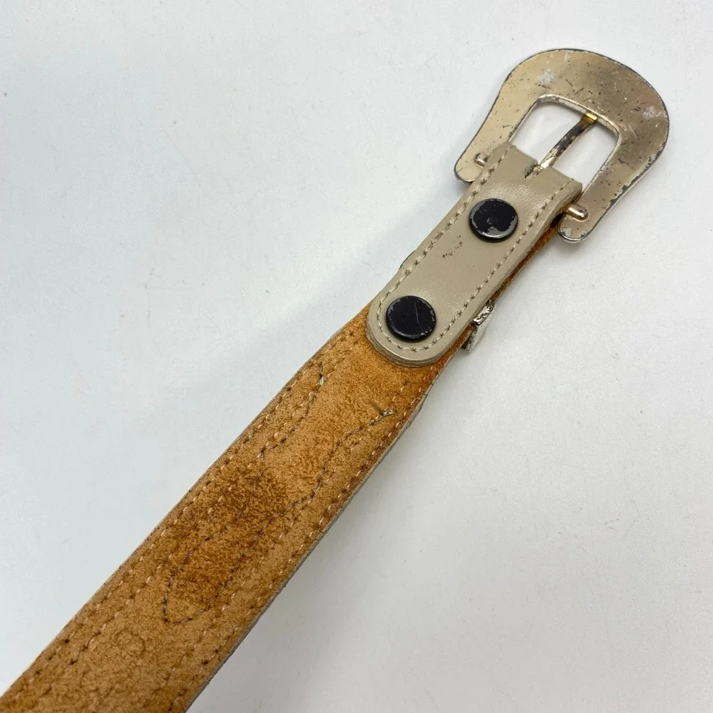 Vintage Southwest Style Belt Engraved‎ Buckle Rainbow Woven Fabric Beige Leather